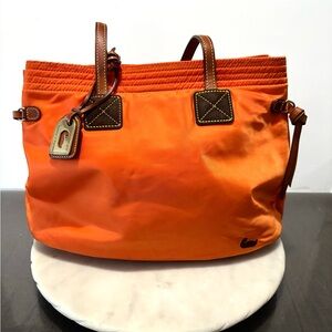 Dooney & Bourke Orange Nylon Victoria Tote with Tan Leather Trim Duck Logo Y2K